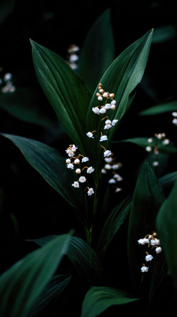 This image showcases delicate white flowers surrounded by vibrant green leaves. The composition emphasizes the natural beauty, with a dark background enhancing the contrast and visual appeal. It could be suitable for various commercial uses, including artistic designs, botanical illustrations, and nature-themed projects.の素材