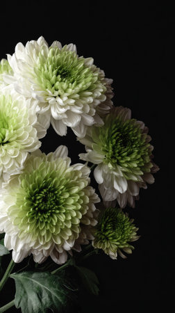 This close-up image showcases several chrysanthemum flowers, featuring white petals and green centers. The flowers are set against a dark background, creating a high-contrast composition. The image's style focuses on texture and color, potentially suitable for decorative or editorial purposes.の素材