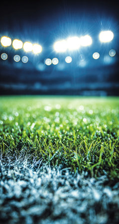 This image showcases a detailed view of a lush green grass field with a clear white line. The composition features a shallow depth of field, with soft focus stadium lights in the background. The scene suggests an outdoor environment, possibly a sports field, suitable for various editorial and commercial projects.の素材