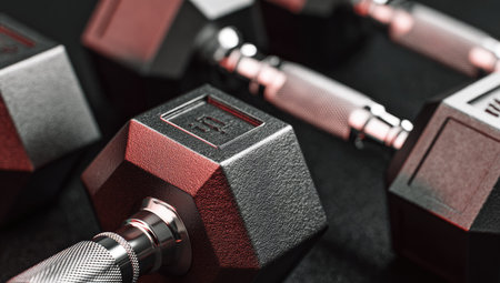 This image showcases several metallic dumbbells arranged on a dark backdrop. The close-up perspective highlights the detailed texture and reflective surfaces of the weights. The lighting creates shadows, emphasizing the three-dimensional form of the objects. It could be used for promoting fitness, sports equipment, or health-related content.の素材