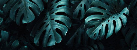 This image showcases a close-up view of vibrant green Monstera leaves with their distinctive patterns. The leaves are textured with a dark green coloration, creating a natural feel. The composition emphasizes the details of the plant life, ideal for various design and decorative purposes.の素材