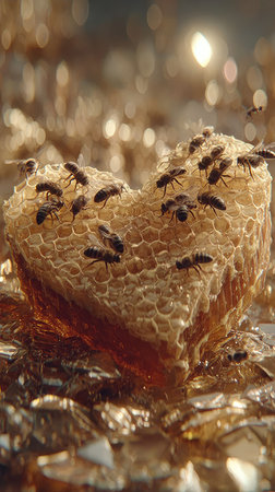 This image presents a close-up of a honeycomb, covered by several bees. The composition features a shallow depth of field, bringing the subject into sharp focus against a golden-toned background. The visual style could suit various commercial and editorial applications, offering content related to nature and production.の素材