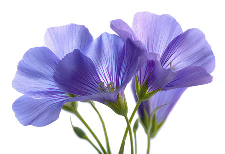 A close-up captures several vibrant purple flowers in full bloom, showcasing intricate petal details. The soft, translucent petals are highlighted by subtle lighting, revealing a delicate texture. The composition suggests a clean and simple studio setting, suitable for various editorial and commercial applications.の素材