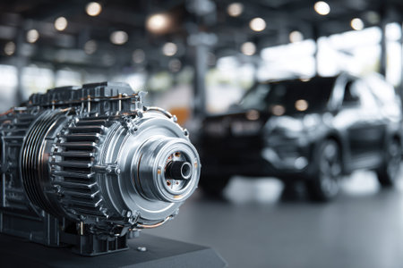 An electric motor, rendered in metallic silver, is prominently displayed in a showroom setting. The composition focuses on its intricate details, contrasting with a blurred, dark-colored vehicle in the background. The lighting is bright, creating highlights and shadows. The image lends itself to various commercial applications, including technological illustrations and automotive content.の素材