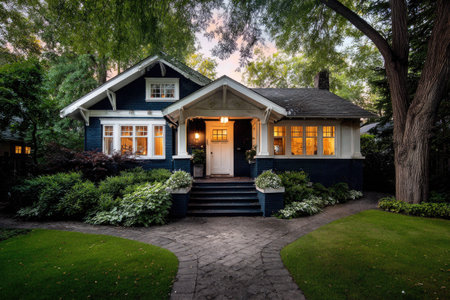 A well-maintained house with a dark blue exterior is the focal point of the image, showcasing a welcoming entrance. The scene is enveloped by vibrant greenery and soft lighting suggesting a warm atmosphere. This image could be used for real estate marketing, home decor, or general lifestyle publications.の素材