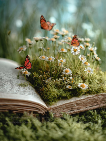 An open book displays a small garden of daisies and vibrant green moss with several butterflies fluttering above. The close-up shot uses natural light and soft focus to highlight the textures of the book pages, flowers, and insects. This image could be used for illustrations related to nature, education, or fantasy.の素材
