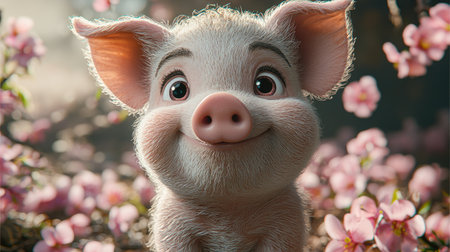 A close-up view presents a cheerful piglet with pinkish skin, accentuated by fluffy cheeks and large eyes. The scene is immersed in a soft focus, featuring blooming pink flowers. This image utilizes a bright daylight and could be used for illustrations related to animal themes, nature, or childhood stories.の素材