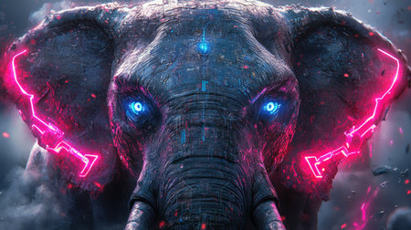 This image presents a digital artwork of an elephant, highlighting its facial features with intricate detail. The elephant's skin shows a textured appearance, and neon pink lines accent the ears. Electric blue highlights the eyes and forehead. This art piece could serve various uses, from editorial content to design projects.の素材