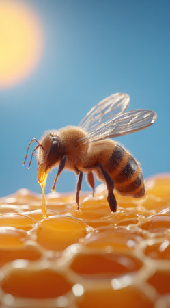 A honeybee is shown close-up, extracting honey from a detailed honeycomb structure. The image showcases vibrant yellow and orange tones, with a blurred blue background suggesting the sky. This studio-style shot highlights the insect and its activity, offering potential for commercial and educational applications.の素材