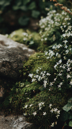 This image showcases a close-up of a rock covered in vibrant green moss, complemented by clusters of tiny white flowers. The composition features soft lighting and a shallow depth of field, highlighting the textures of the natural elements. It could be used for various purposes, including editorial content or as visual elements.の素材