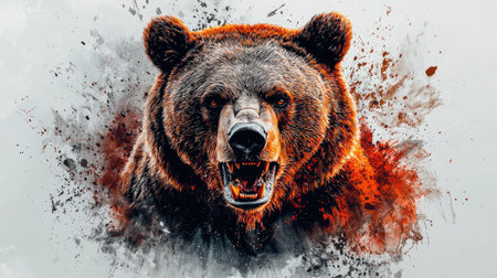 An imposing grizzly bear is featured in a dynamic composition, its head prominent against a white backdrop. The image utilizes an explosive burst effect with red and gray tones surrounding the bear. It creates a striking visual impact, suitable for various promotional and illustrative projects across multiple industries.の素材
