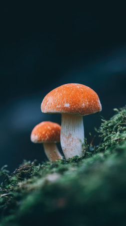 Two mushrooms with orange caps and white stems are captured in a close-up shot, set against a dark background. The scene showcases intricate textures of moss and fungal details. The natural lighting and composition suggest potential use in visual projects promoting nature and environment.の素材