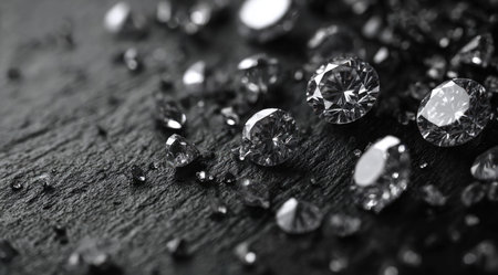 This image showcases a collection of diamonds scattered across a dark, textured surface. The gems sparkle, reflecting light, with a focus on detail. The composition uses shallow depth of field, presenting an environment suitable for showcasing precious objects or illustrating opulence. This imagery is suitable for various commercial purposes.の素材