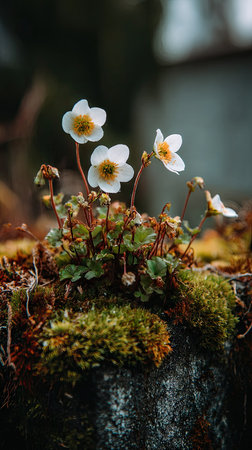 This image showcases delicate white flowers with yellow centers emerging from a moss-covered surface. The composition uses selective focus, highlighting the blooms against a soft, blurred background. The natural lighting and earthy tones create a serene atmosphere suitable for diverse applications, including editorial and promotional content.の素材