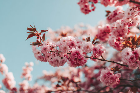 This image showcases vibrant pink cherry blossoms in full bloom. The composition highlights the delicate petals and branches, set against a backdrop of a bright, cloudless blue sky. The lighting appears natural, with a focus on color and texture. Suitable for various editorial and commercial applications.の素材