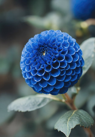 A striking close-up showcases a fully bloomed blue dahlia. The flower's intricate, layered petals present a textured appearance. Set against a blurred background, the image highlights the flower's form and color, hinting at a natural setting. This photograph is suitable for various commercial uses, including print and digital media.の素材