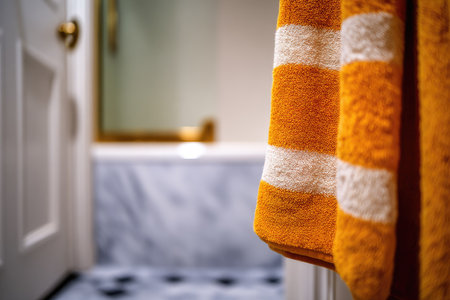 This image showcases two fluffy towels with an orange and white striped pattern, hanging in a bathroom. The scene includes a partially visible doorway, a bathtub, and marble surfaces. The composition focuses on texture and color contrast, possibly suitable for hospitality or interior design projects.の素材