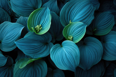 This image showcases a close-up view of vibrant blue-green leaves, displaying intricate textures and natural patterns. The composition is likely illuminated by soft lighting, highlighting the organic forms and various shades of green and blue. Suitable for commercial or editorial applications, the image could be used for various design projects.の素材