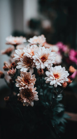 This image showcases a collection of chrysanthemums in various stages of bloom. The flowers exhibit shades of white, pink and orange with green foliage, set against a blurred background. The composition utilizes a shallow depth of field, with soft lighting enhancing the textures, suitable for illustrative content.の素材