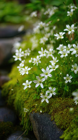 This image showcases delicate white flowers emerging from a bed of lush green moss. The composition features a blurred background, suggesting depth and focus on the flora. The scene is illuminated by soft light, highlighting the textures of the plants and stones. It may be suitable for botanical illustrations or general nature related content.の素材