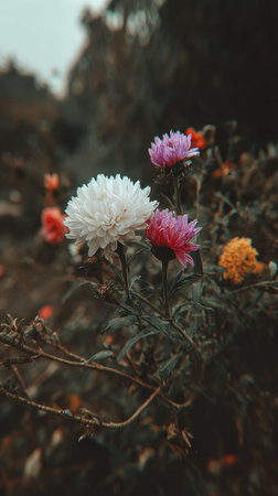 This image showcases various flowers in full bloom. The composition highlights the flowers in a natural setting. The color palette includes shades of pink, white, orange and yellow, with dark green foliage. This image could be used for various projects such as illustrations or backgrounds.の素材