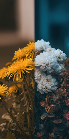 The image presents a split composition featuring contrasting floral arrangements. One side showcases vibrant yellow flowers, while the other reveals white blossoms. The photograph employs selective focus with soft lighting and a blurred background. Suitable for decorative purposes or as elements in design projects, it could also be utilized in editorial content.の素材