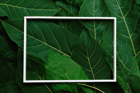 This image presents a collection of vivid green leaves with a white rectangular frame superimposed. The composition emphasizes texture, showcasing the natural patterns and veins within the foliage. It features a bright, flat lighting style, suitable for various design applications. Potential uses include graphic design projects and marketing materials.の素材