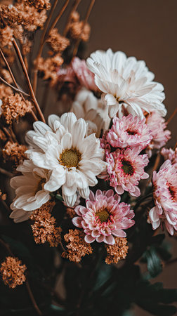 A close-up view displays a floral arrangement featuring chrysanthemum blooms in shades of pink and white. The composition highlights the textures of the petals and the details of the flower heads. The lighting provides a soft, warm ambiance, which could be suitable for various commercial or decorative applications.の素材