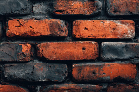 This close-up showcases a weathered brick wall. The image presents a grid of textured bricks with a color palette of red and dark grey. The composition uses a close-up perspective, suggesting an indoor or outdoor environment. The photograph may be suitable for various commercial or editorial applications.の素材