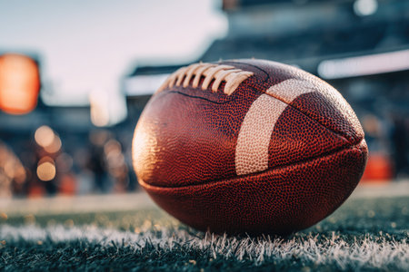 An American football rests on green grass under bright sunlight. The image features the ball's texture and stitching with a blurred background. The composition suggests an outdoor setting, potentially a sports field. This image is suitable for commercial and editorial applications related to sports and leisure.の素材