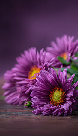 This close-up image showcases several purple flowers with bright yellow centers. The flowers are arranged on a dark, textured wooden surface, set against a blurred, deep purple background. The composition highlights the vibrant colors and detailed textures. Suitable for various design projects and commercial applications.の素材