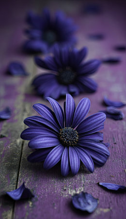 This image presents several purple flowers arranged on a textured, weathered wooden surface. The composition uses a shallow depth of field, emphasizing the central blooms and the intricate details of the petals. The image utilizes a soft lighting scheme and a monochromatic color palette, creating a visual harmony suitable for various uses.の素材