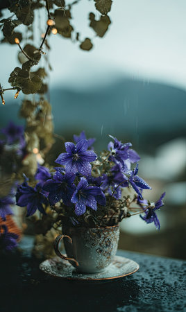 A close-up captures a collection of vibrant violet flowers arranged in an antique teacup set upon a saucer. The scene highlights intricate details, with focus on the floral arrangement against a blurred backdrop. This image could be used for various purposes, including editorial content, or design projects.の素材