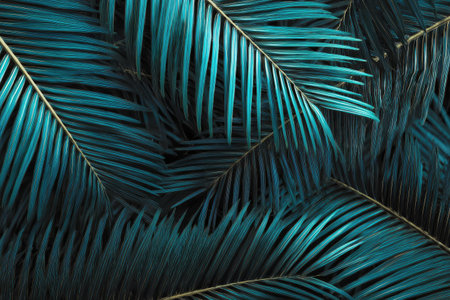 This image showcases a close-up of overlapping teal palm fronds, forming a textured and visually rich background. The leaves exhibit a detailed pattern with a slight variation in color and a subtle sheen. The composition suggests a tropical or natural setting, offering potential for use in design, decoration, or environmental themes.の素材