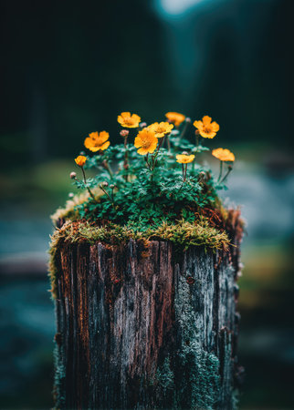 A detailed image showcases several small yellow flowers thriving on a mossy surface atop a weathered wooden stump. The texture of the wood contrasts with the lush green moss and bright floral details. The lighting suggests an outdoor environment, possibly a forest, suitable for various editorial and commercial applications.の素材