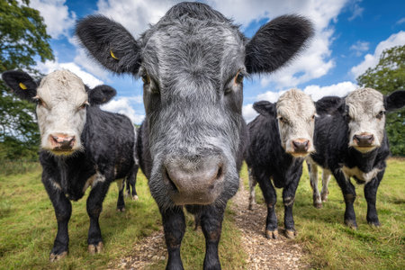 A herd of cows stands closely together on a grassy field, under a bright blue sky dotted with puffy white clouds. The animals display black and white coloration, with focused gazes. The sunlight illuminates the scene creating a natural outdoor environment, suitable for various editorial and commercial purposes.の素材