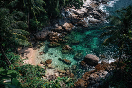 A tranquil tropical cove unfolds, showcasing vibrant emerald waters and a rocky shoreline. Lush green vegetation frames the scene, hinting at a secluded environment. The image features natural light and a high-angle perspective, ideal for travel, environmental, or nature-themed projects.の素材
