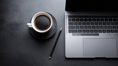 A top-down composition presents a coffee cup and laptop keyboard alongside a pencil on a dark surface. The image features high contrast, with the cup and laptop occupying most of the frame. Suitable for visual marketing and communication projects.の素材