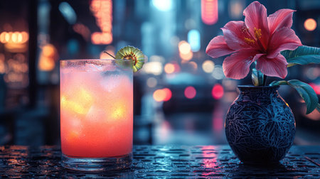 A vibrant cocktail glass sits next to a decorative vase holding a single flower. The scene features a shallow depth of field, with soft lighting and a blurred bokeh background that hints at an urban setting. This image is suitable for promotional materials, websites, or editorial content.の素材