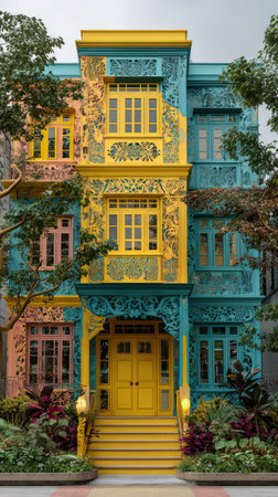 A vibrant building facade showcases intricate architectural details, featuring a combination of yellow, blue, and pink hues. The composition highlights ornamental elements, with textured surfaces and various window arrangements. Natural light suggests an outdoor setting, potentially useful for design, travel, or artistic projects, and various commercial applications.の素材