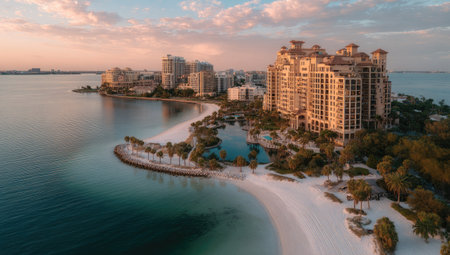 An aerial view presents a beachfront resort with multiple buildings near calm water. The composition highlights a sandy beach and a scenic shoreline. The overall lighting suggests either sunrise or sunset. This image is potentially useful for travel, tourism, and real estate marketing, as well as editorial content.の素材