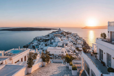 An aerial view presents a coastal town with white structures bordering a vast body of water. The composition is lit by warm sunlight, suggesting either sunrise or sunset. The architectural arrangement suggests a location overlooking the sea. Suitable for travel or scenic illustrations.の素材