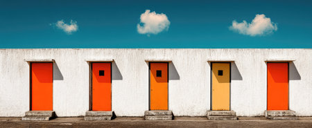 The image features a row of doors painted in various bright colors against a stark white wall under a blue sky dotted with clouds. The composition emphasizes geometric shapes, contrasting hues, and strong sunlight. It might be suitable for use in design, travel, or editorial projects.の素材