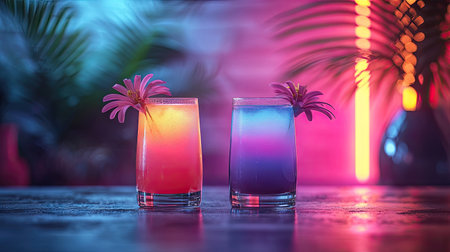 Two cocktail glasses are presented, each featuring gradient colored liquids. The glasses are adorned with flower decorations. The background showcases blurred neon lights and tropical foliage, suggesting an evening or night setting. The composition and lighting may be useful for advertising or editorial content.の素材
