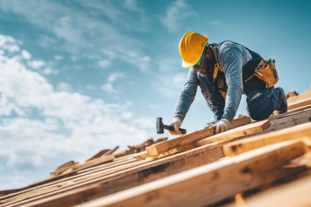 A construction worker is depicted hammering wooden beams on a roof, working under a bright, partly cloudy sky. The composition emphasizes the diagonal lines of the wooden structure. The scene is bathed in natural light suggesting an outdoor environment. Suitable for editorial and commercial applications.の素材
