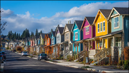 A row of brightly painted houses stands under a clear blue sky. The composition shows the houses aligned along a street, with trees and a few cars present. The image employs vibrant colors and daylight, suggesting a residential environment suitable for use in property or lifestyle-related content.の素材