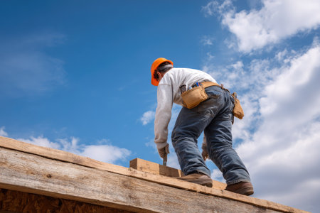 A construction worker is seen on a wooden rooftop under a clear blue sky. The image features a low-angle perspective, natural sunlight, and a detailed view of the person's clothing and tools. This image is suitable for various commercial uses, illustrating construction processes, and workplace activities.の素材