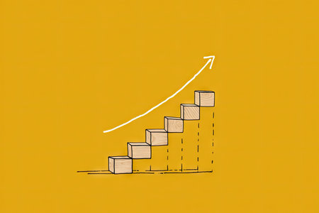 An illustration depicts a staircase with a rising arrow on a vibrant yellow backdrop. The image utilizes a minimalist style, featuring hand-drawn elements and a simple color palette. The composition may be suitable for representing growth, progress, or development in various visual applications.の素材