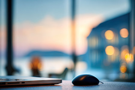 A close-up view presents a computer mouse and laptop on a table with an out-of-focus background. The blurred vista displays buildings and a serene sky in soft blues and oranges. This image could be used for websites, advertisements, or editorial content related to technology or lifestyle.の素材