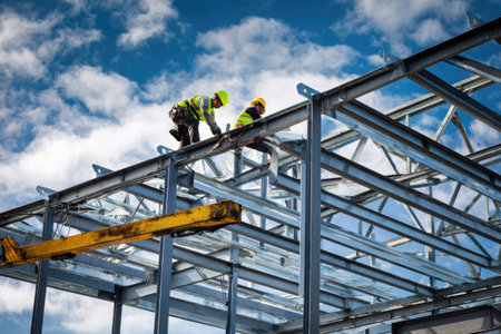 Two construction workers are seen assembling a steel structure, working in bright daylight. The image showcases a network of metal beams against a backdrop of a vibrant blue sky with fluffy white clouds. This construction site scene can be used for various commercial or editorial applications.の素材